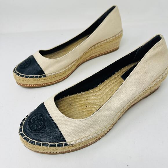 Tory Burch Cap Toe Espadrille Wedge Shoe Slip On Casual Tan Black - 8.5 - Picture 8 of 9
